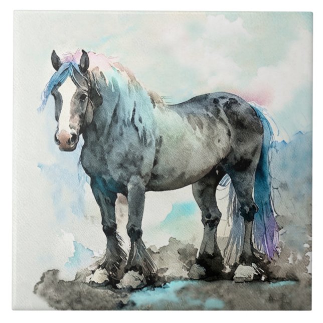 Gentle Shire Horse Watercolour Blue Tile (Front)