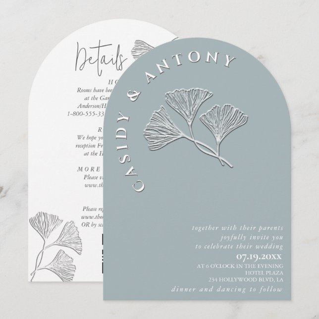 Gentle simple embossed ginko all in one in invitation (Front/Back)