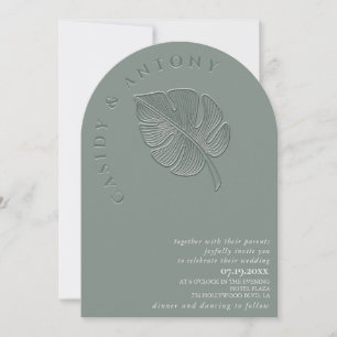 Gentle simple embossed tropical leaf all in one invitation