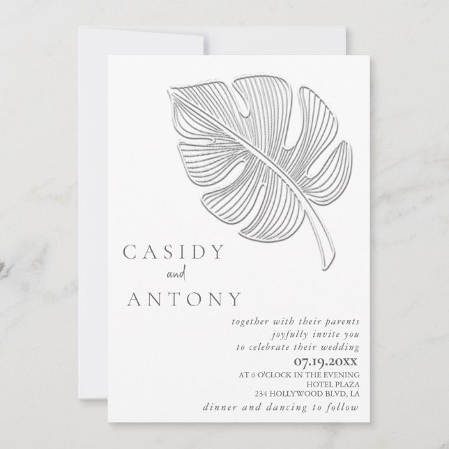 Gentle simple embossed tropical leaf all in one   invitation (Front)