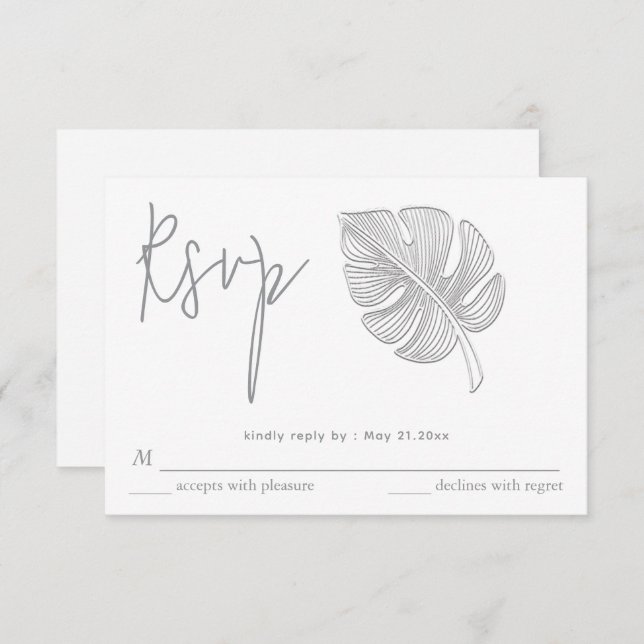 Gentle simple embossed tropical leaf RSVP (Front/Back)