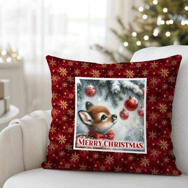 Gentle snowy forest baby deer festive scene Xmas Cushion (Gentle snowy forest baby deer festive scene Christmas pillow)