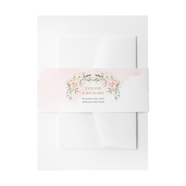 Gentle soft pink roses eucalyptus and gold wedding invitation belly band (Front Example)