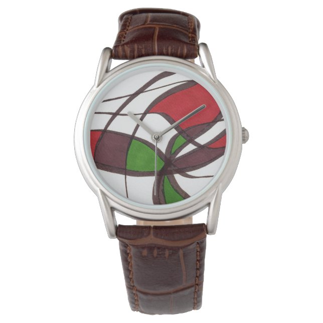 Gentle swirls in red, green, brown on white watch (Front)