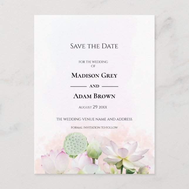 Gentle Water Lilies and Lotuses Save the Date Announcement Postcard (Front)
