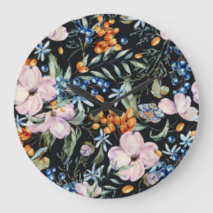 Gentle Watercolor: Pink Floral Berries Large Clock