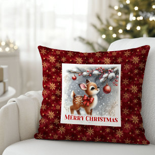 Gentle winter scene baby fawn Christmas pillow 