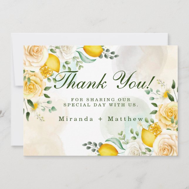Gentle Yellow Roses Lemons Wedding Thank You Cards (Front)