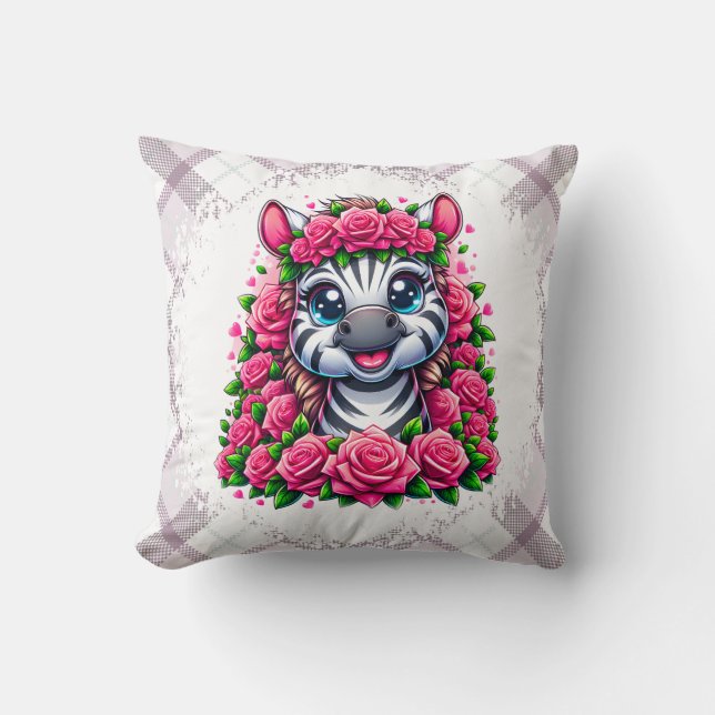 Gentle Zebra in Rose Wreath Cushion (Front)