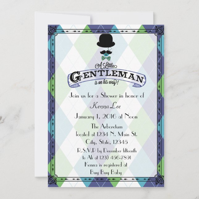 Gentleman Baby Shower Argyle Invitation (Front)