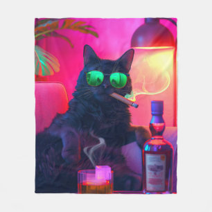 Gentleman Cat Drinking Whiskey   Funny Bar Fleece Blanket