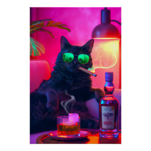 Gentleman Cat Drinking Whiskey Funny Bar Poster