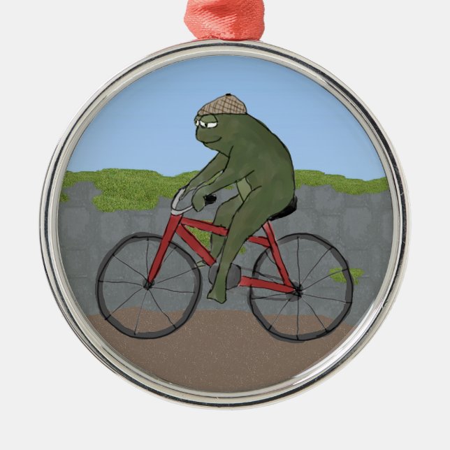 Gentleman Frog on a Bicycle Ornament (Front)