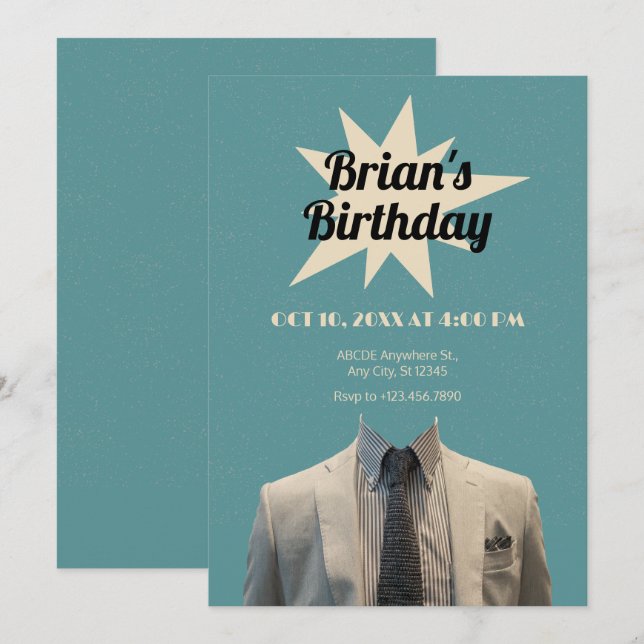 Gentleman suit art birthday  invitation (Front/Back)