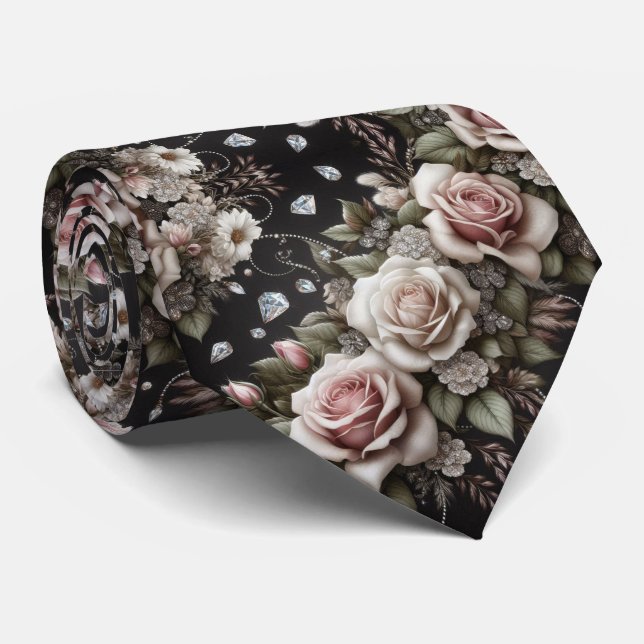 Gentleman's Neck Tie | Pink Roses & Diamonds (Rolled)