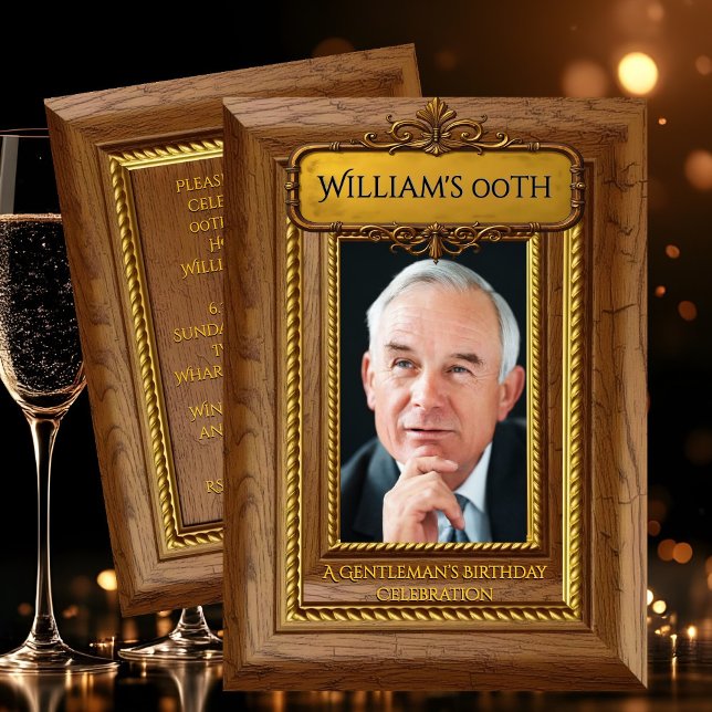 Gentlemen Elegant Rustic Gold Wood Photo Birthday Invitation (Creator Uploaded)