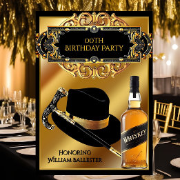 Gentlemen Hat Cane Whiskey Gold Black Birthday Invitation