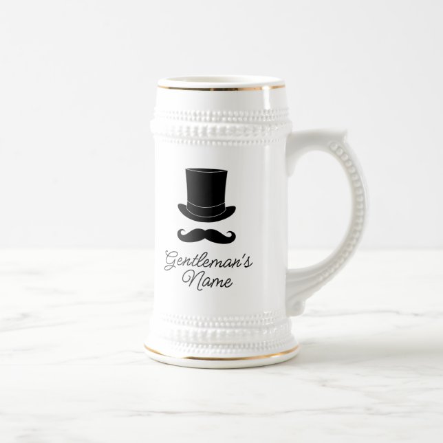 Gentlemen's dapper hat and moustache custom beer stein (Right)