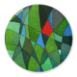 Gently curved cells in cool greens and red accents ceramic knob