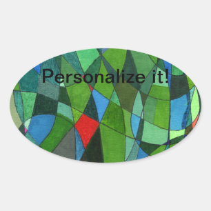 Gently curved shapes in cool green & red accents oval sticker