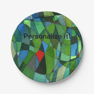 Gently curved shapes in cool green & red accents paper plate