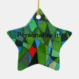 Gently curved shapes in cool greens & red accent ceramic tree decoration