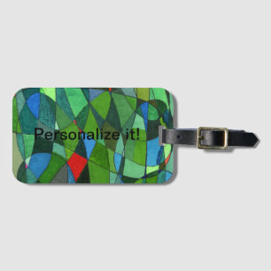 Gently curved shapes in cool greens & red accents luggage tag