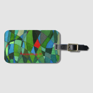 Gently curved shapes in cool greens & red accents luggage tag