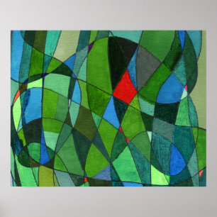 Gently curved shapes in cool greens & red accents poster