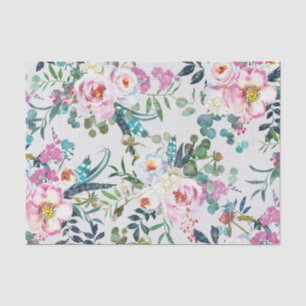 Gently Distressed Watercolor Roses and Feathers Tissue Paper