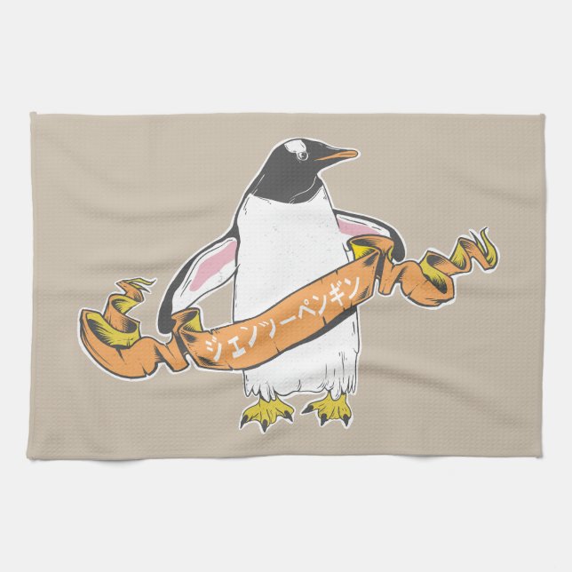 Gentoo penguin Japanese writing Kanji Tea Towel (Horizontal)
