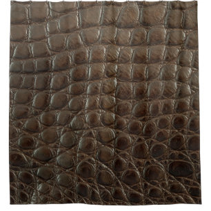 Genuine brown alligator leather, close up to show  shower curtain