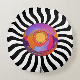 Geo Centre Black White Wavy Round Cushion
