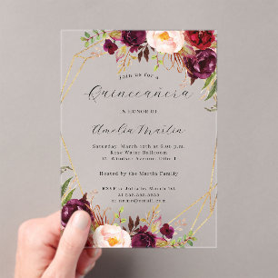 Geo Clear Acrylic Burgundy Floral Quinceanera  Invitations