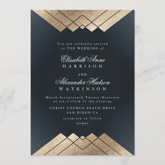 Geo Dark Navy Gold Gatsby Calligraphy Wedding Invitation (Front)