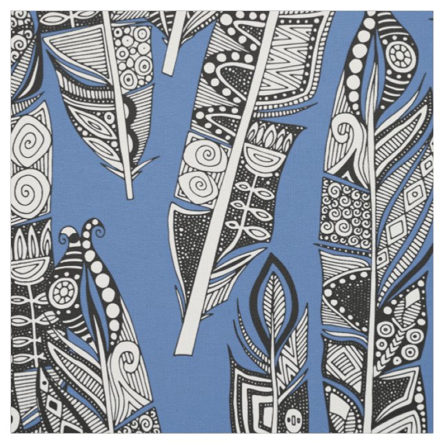 geo feathers blue fabric (Swatch)