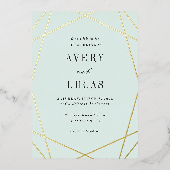 Geo Frame Foil Editable Colour Wedding Invitation  (Front)