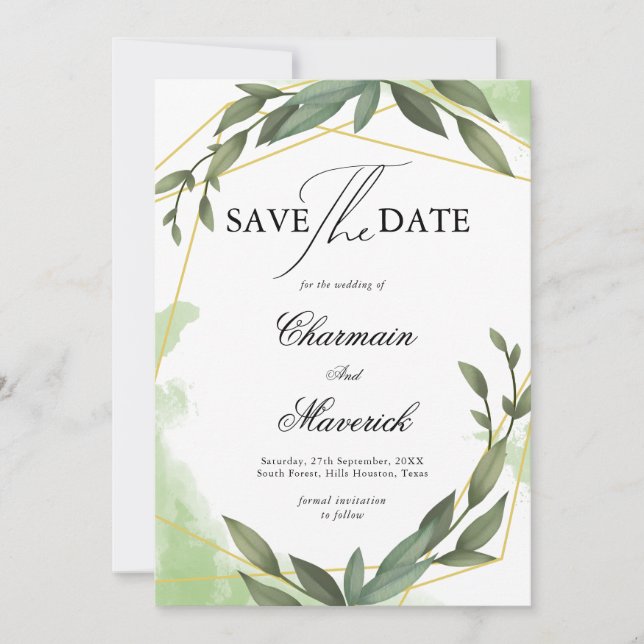 Geo Frame Greenery Leaf Eucalyptus Save the Date Invitation (Front)