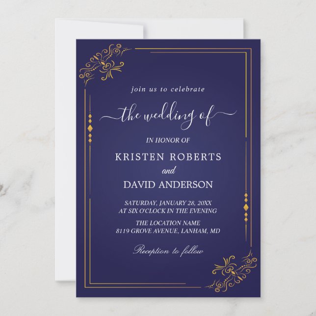 geo gold and royal blue wedding invitation (Front)