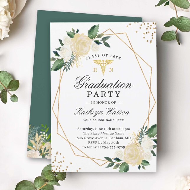 Geo Gold Floral Medical Nursing Graduation Party Invitation (Creator Uploaded)