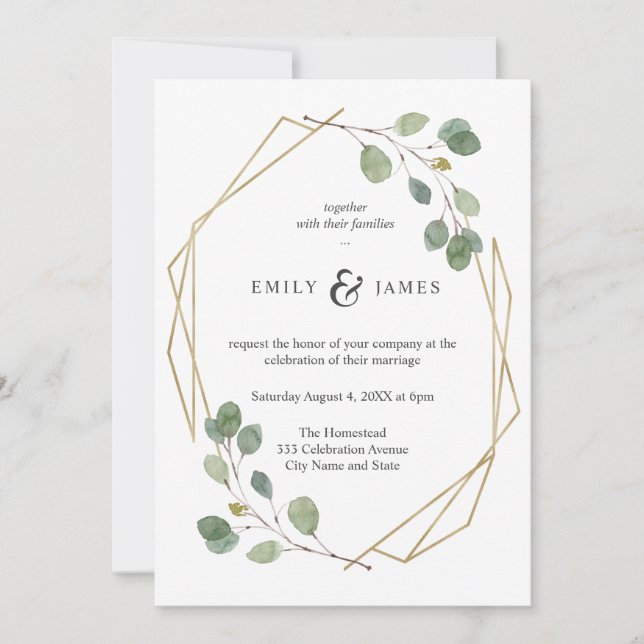 Geo Gold Frame With Watercolor Eucalyptus Wedding Invitation (Front)