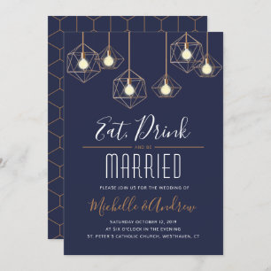 Geo Lights Eat Drink and be Married Navy Wedding Invitation