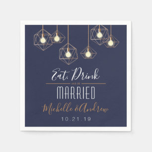 Geo Lights Eat Drink and be Married Navy Wedding Napkin