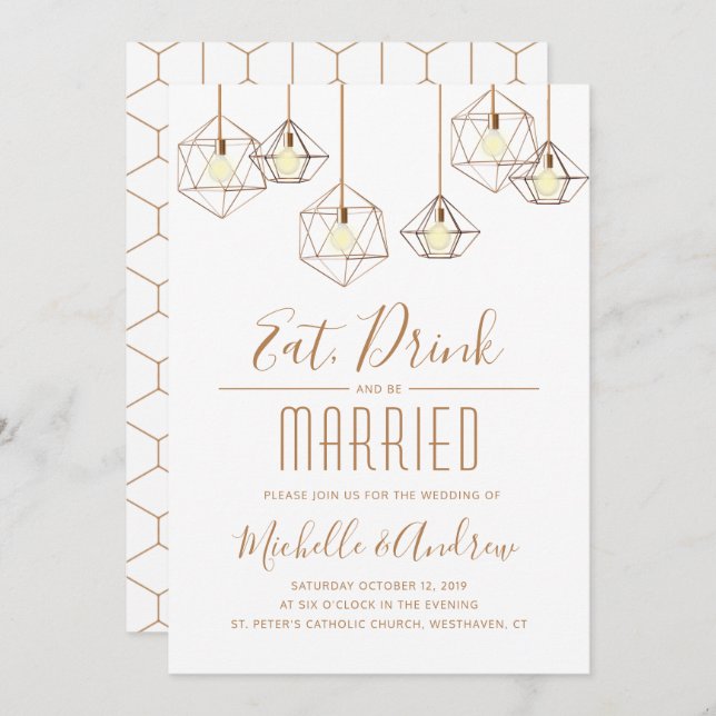 Geo Lights Eat Drink and be Married White Wedding Invitation (Front/Back)