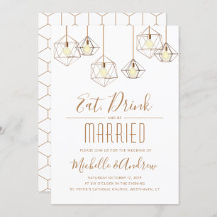 Geo Lights Eat Drink and be Married White Wedding Invitation