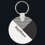 Geo Minimal Black White Stripes Custom Name Tag Key Ring<br><div class="desc">Geo Minimal Black White Stripes Custom Name Tag keychain</div>