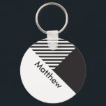Geo Minimal Black White Stripes Custom Name Tag Key Ring<br><div class="desc">Geo Minimal Black White Stripes Custom Name Tag keychain</div>