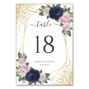 Geo Navy Blue Gold Blush Pink Floral Wedding Table Number