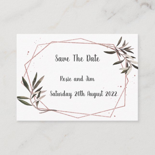 Geo Olive Leaf Budget Save The Date Card (Front)