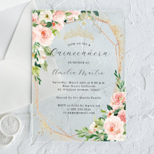 Geo Pink Floral Clear Acrylic Floral Quinceanera Invitations